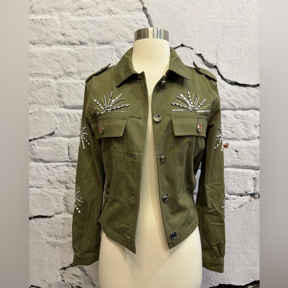 Guess Military Army Green Embellished Gemstone Bling‎ Moto Jacket Cropped Beaded - Picture 9 of 14